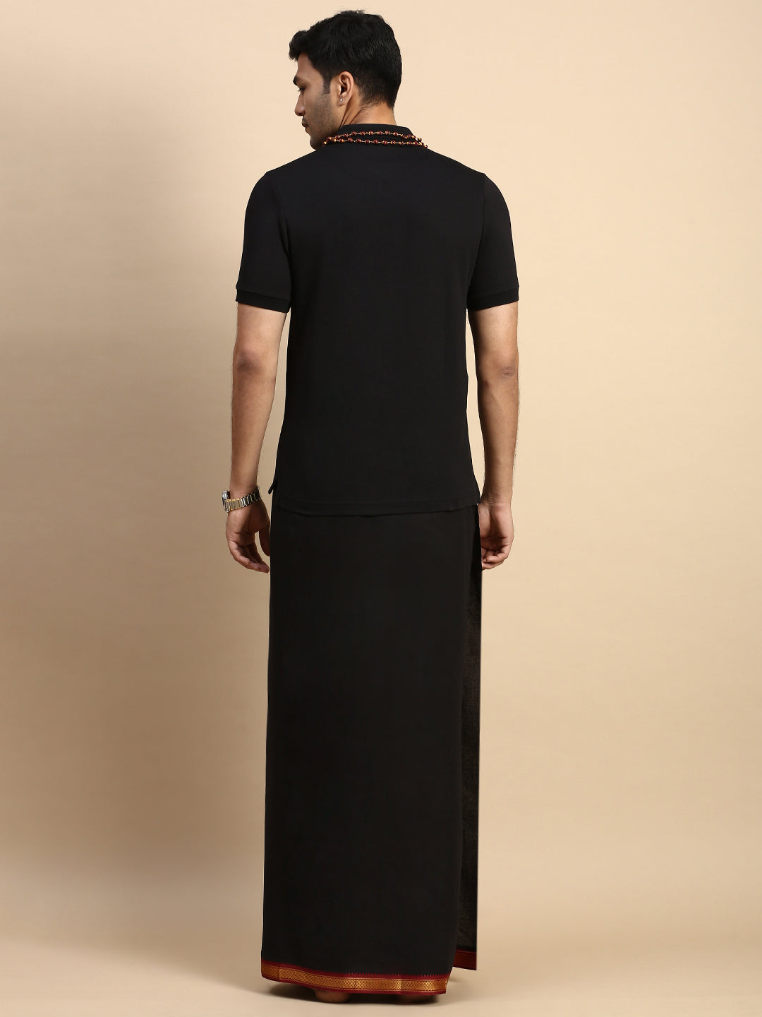 Men Devotional Mayilkhan Border Dhoti & TShirt Set Black EPD14