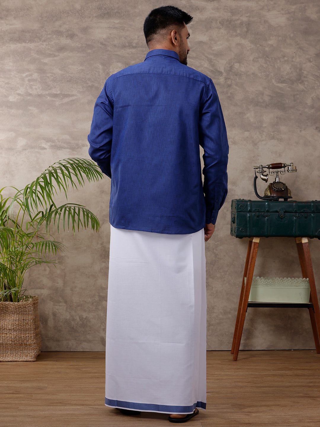 Men Matching Border Dhoti & Shirt Set Full Blue C80