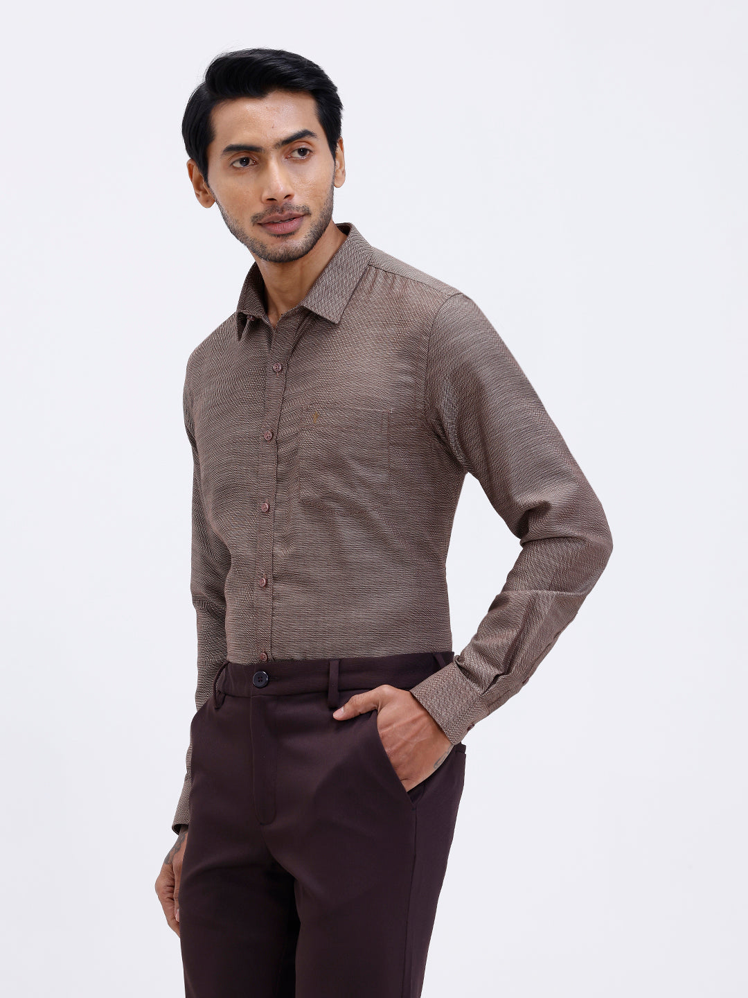Men Cotton Rich Shirt Brown Dobby T59 AIT4