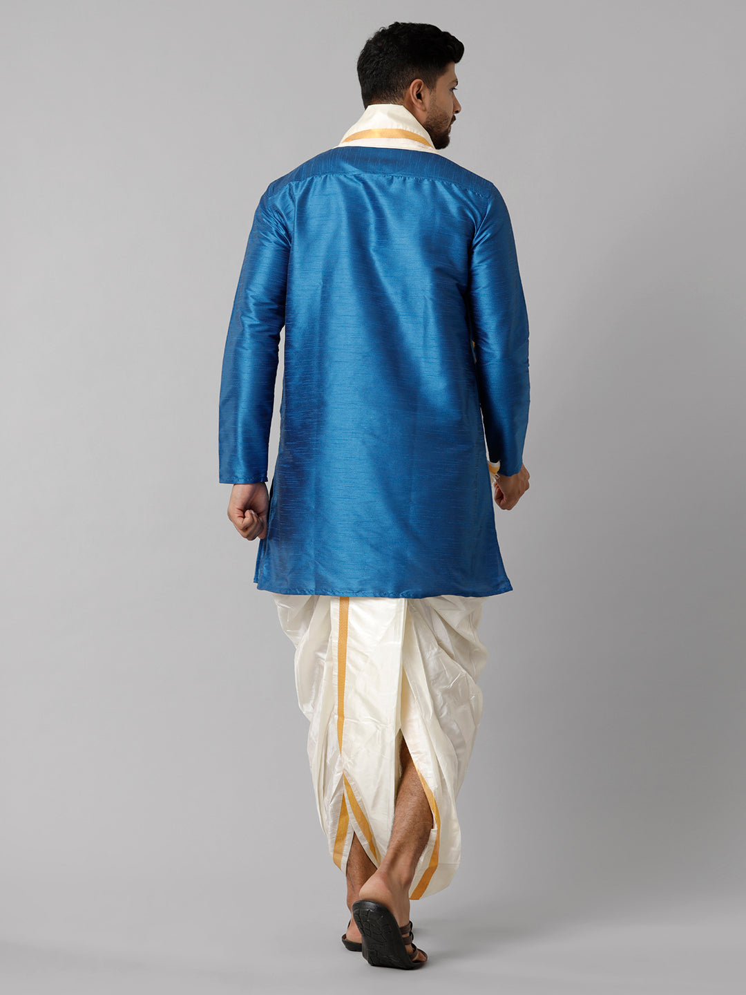 Mens Polyster Blue Medium Length Kurta with Art Silk Panchakacham Towel Combo SL01-Back view