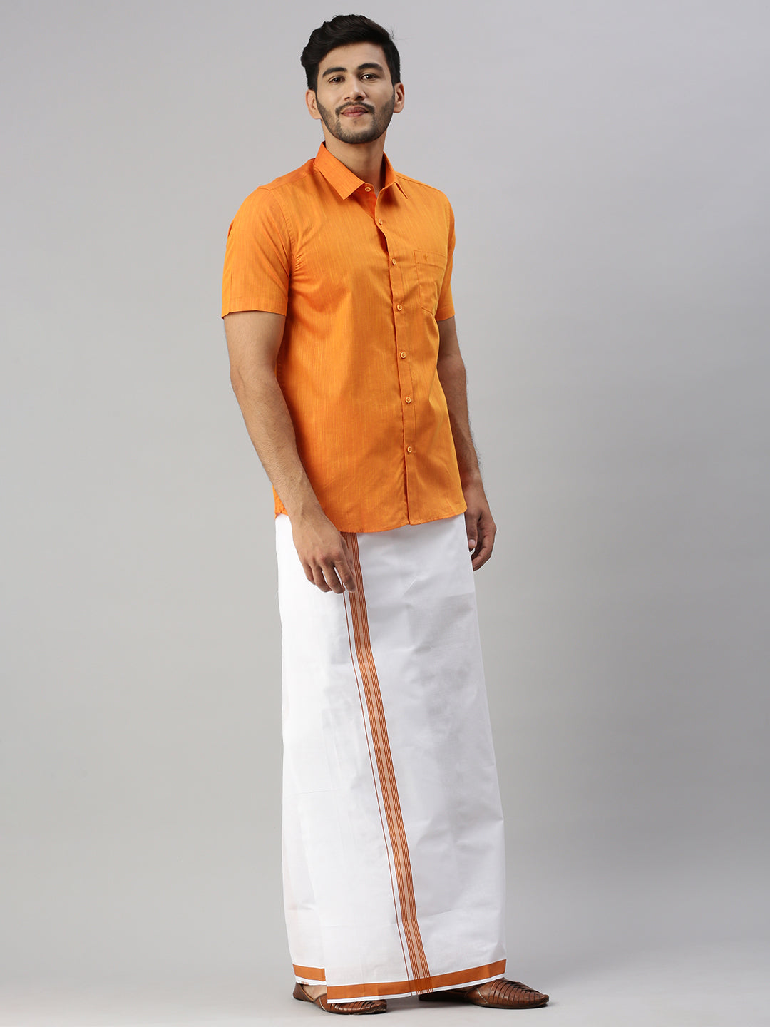 Mens Orange Matching Border Dhoti & Half Sleeves Shirt Set Evolution IC1-Side view