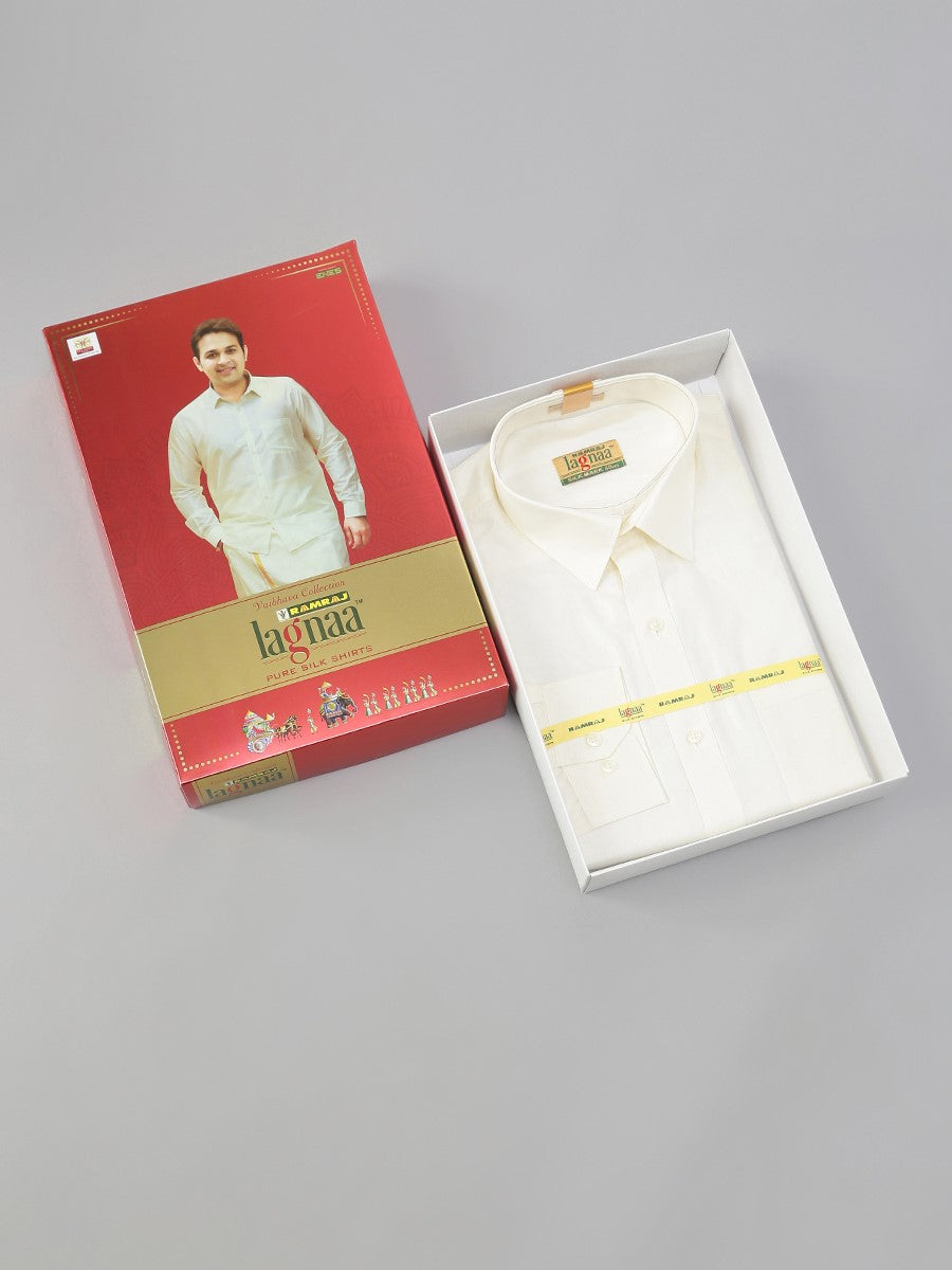 Mens Pure Silk Cream Shirt Half Sleeves with Dhoti Combo Silk Mark-Box view