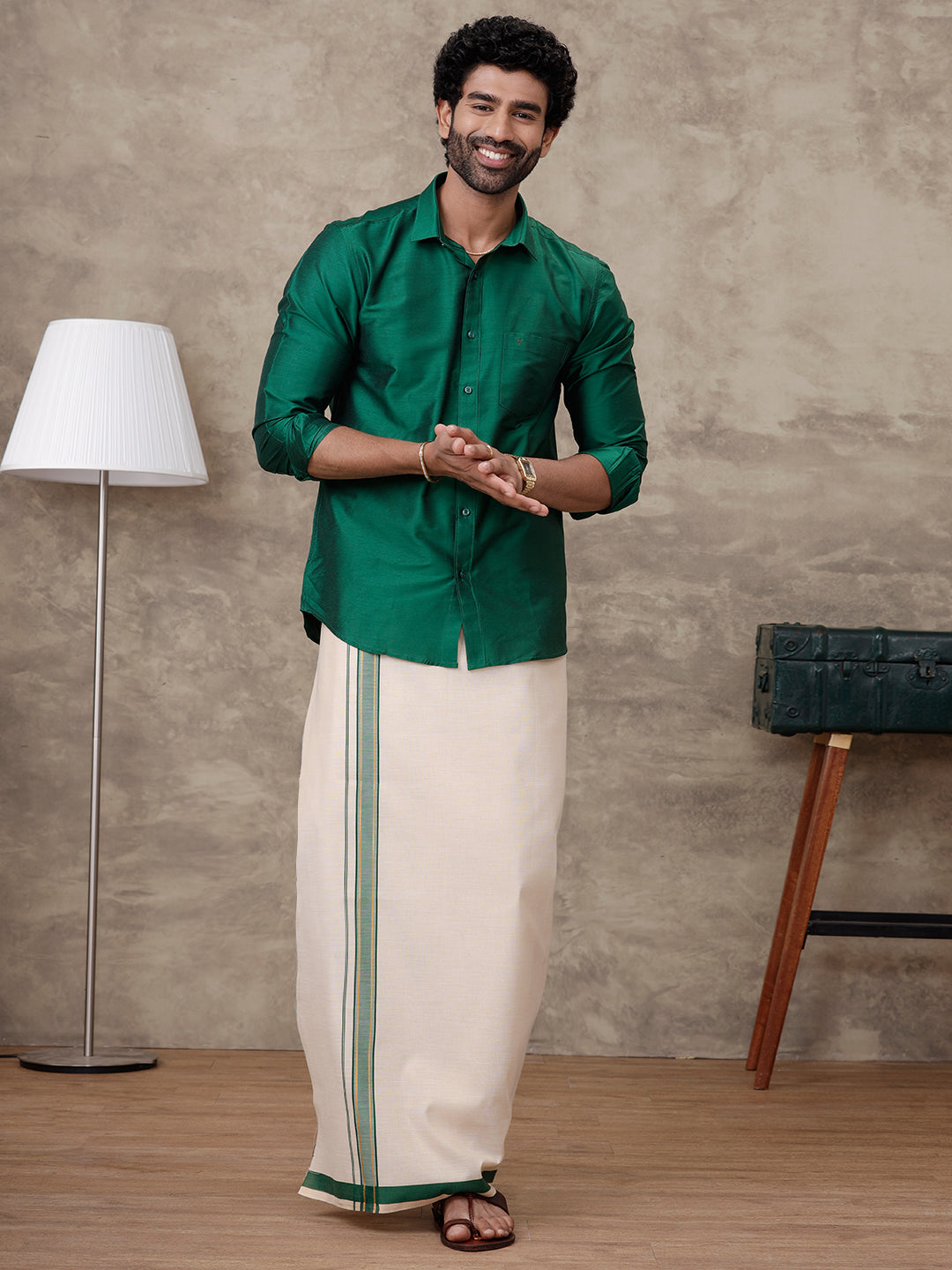 Men Parsley Green Silk Cotton Shirt With Matching Border Tissue Dhoti Set CCB Fortune