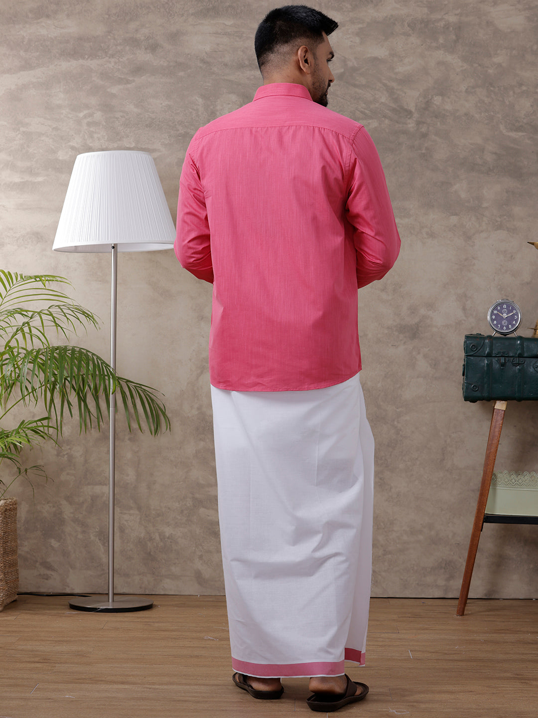 Mens Pink Matching Border Dhoti & Full Sleeves Shirt Set Evolution IC2