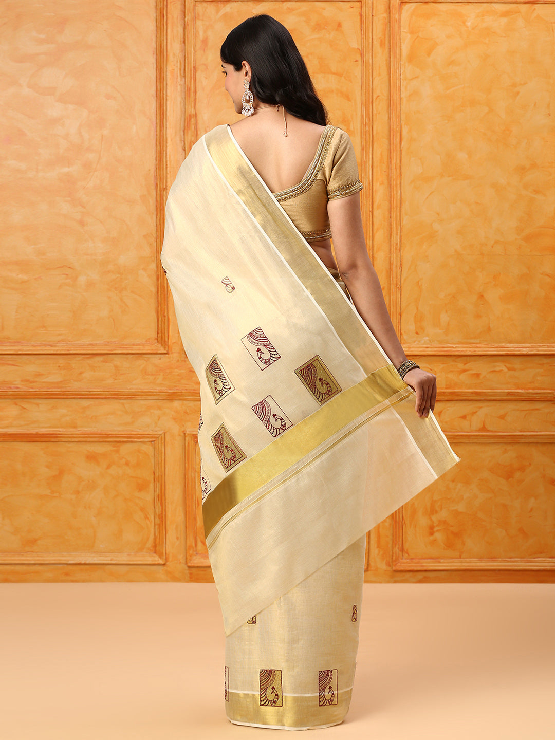 Kerala Cream Gold Jari Embroidery Saree KS111