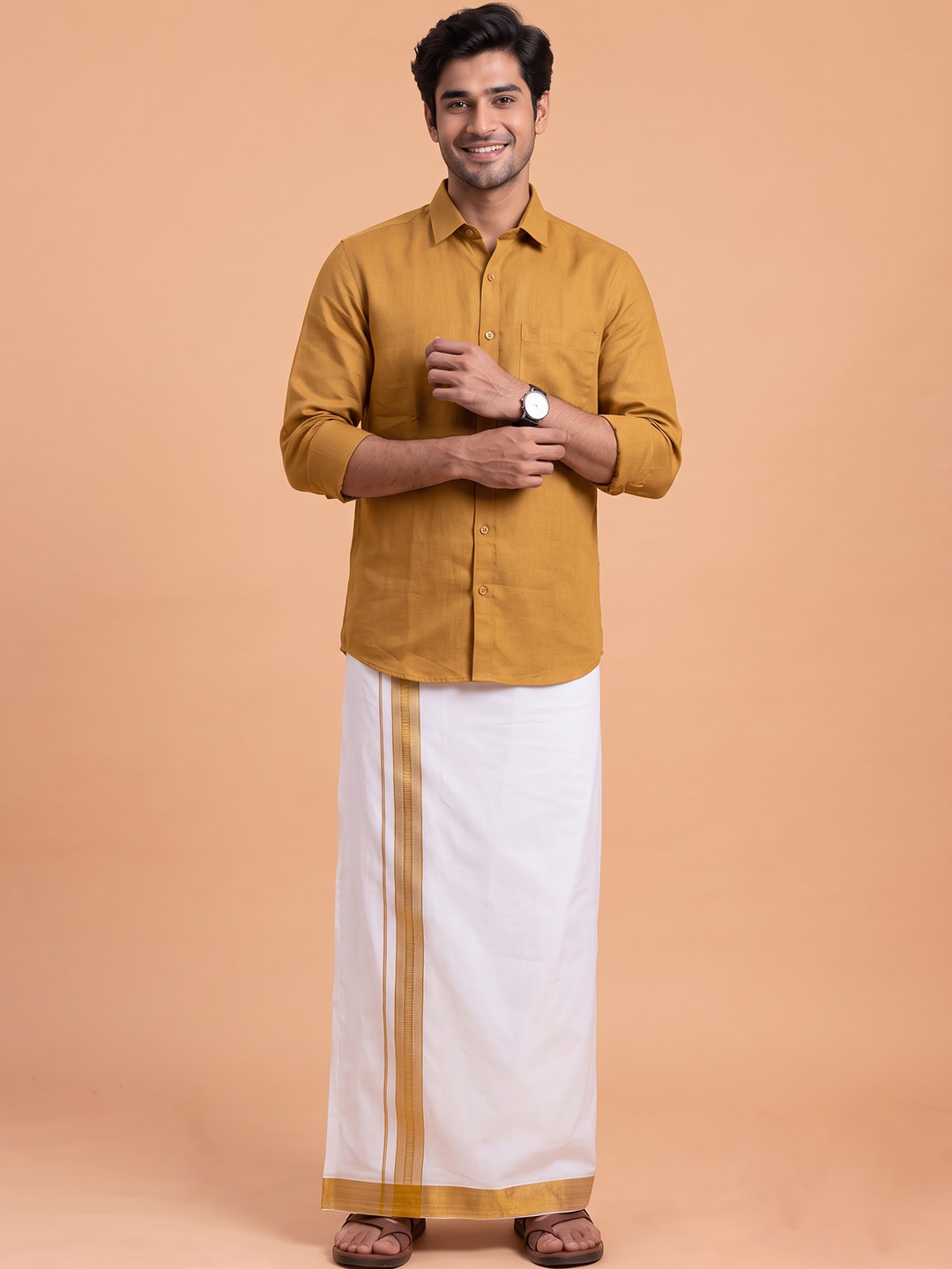 Single Layer 100% Cotton White Dhoti With 1 1/2 Inch Jacquard Gold Jari Border - GG06