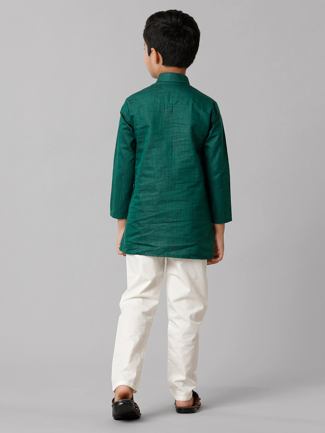 Boys Cotton Full Sleeves Dark Green Kurta with Cream Pyjama Pant Combo FS5-Back view