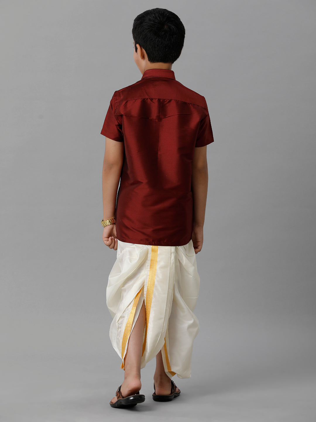 Boys Silk Cotton Maroon Half Sleeves Shirt with Soft Silk Panchakacham Combo K7-Back view