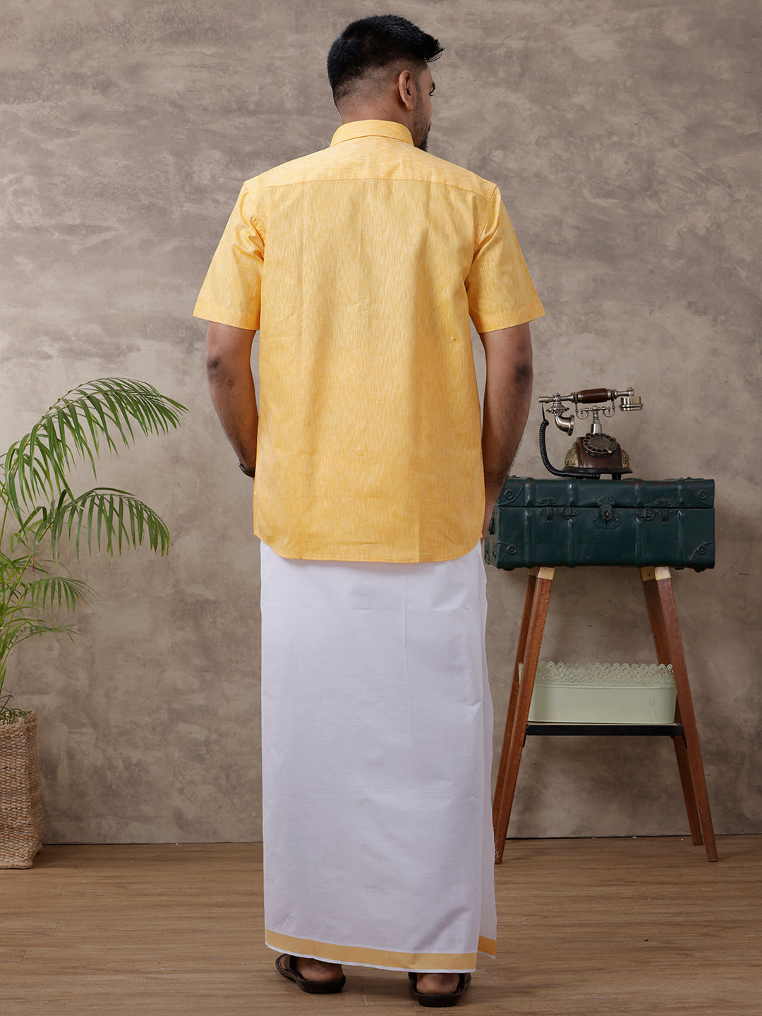 Mens Matching Border Dhoti & Shirt Set Half Gold C3