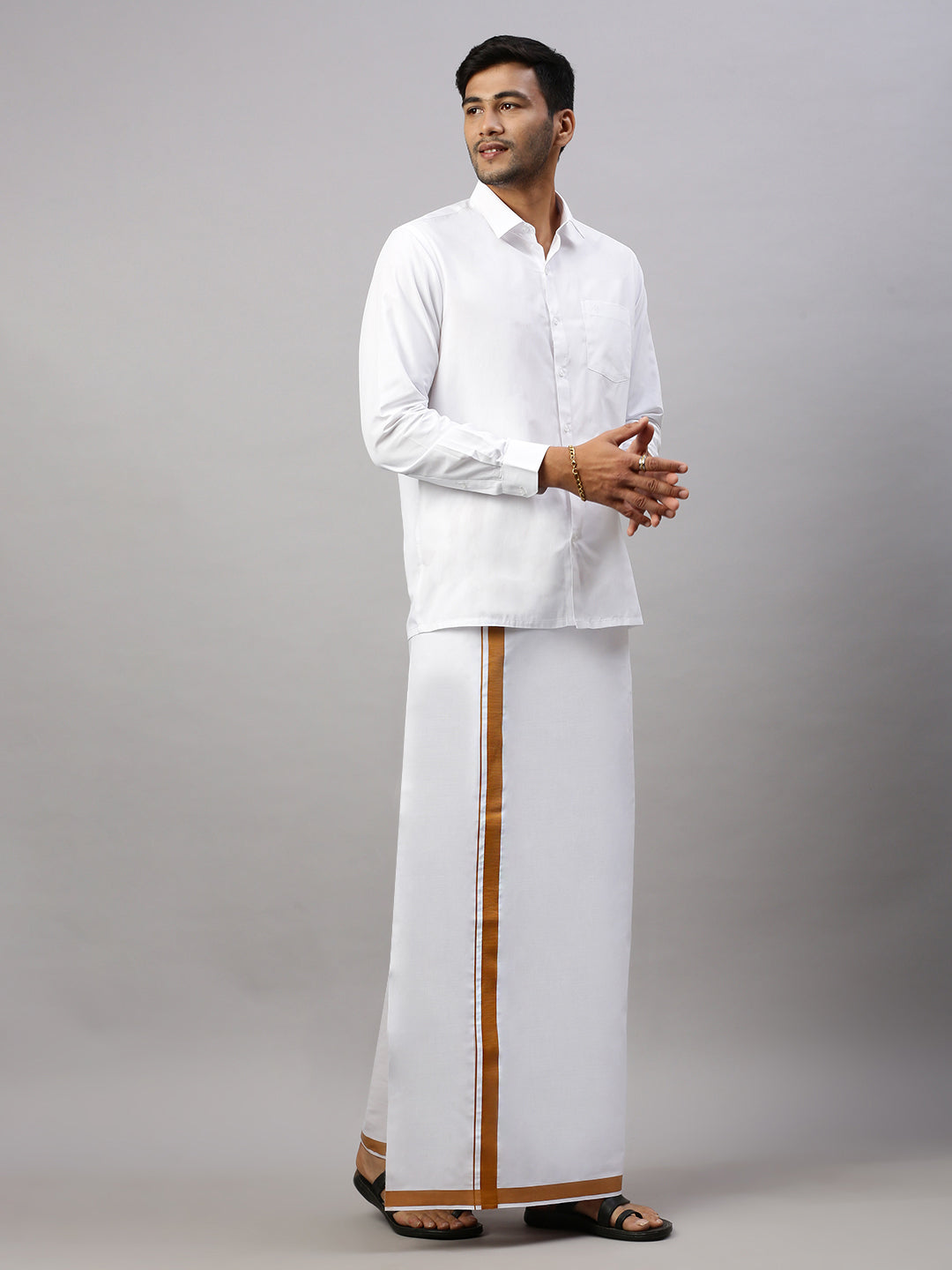 Men White Shirt with Single Dhoti Gold Combo WS13