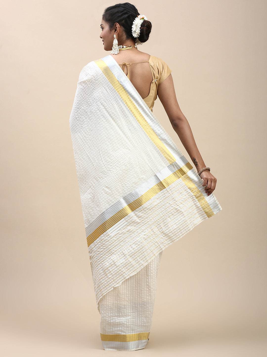 Kerala Cream Saree with Gold & Silver Jari Border KS132