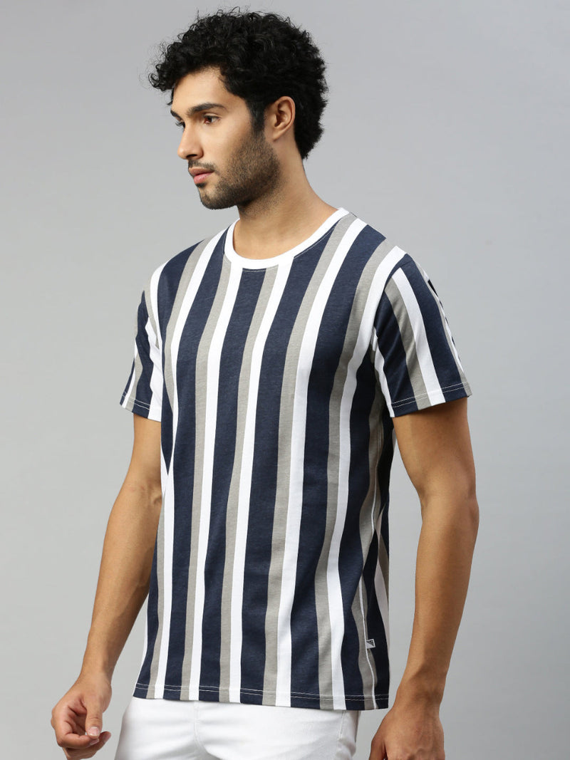 Navy & Grey Striped Graphic Printed Round Neck Casual T-Shirt GT45