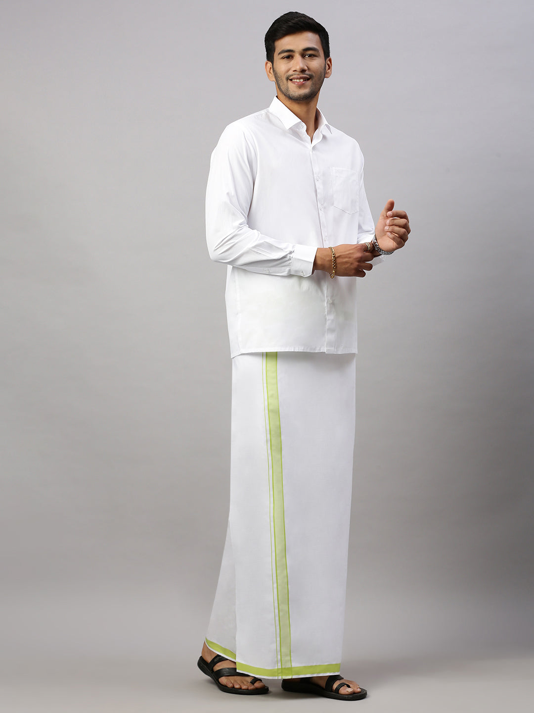Mens Prestigious Look Cotton Single Dhoti with Yellow Green Fancy Border - Winner Plain