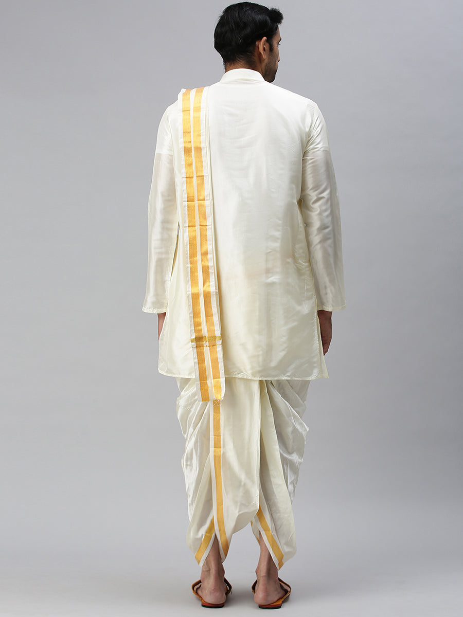 Men Silk Cream with Gold Jari Border Readymade Panchakacham & Towel Set 60K