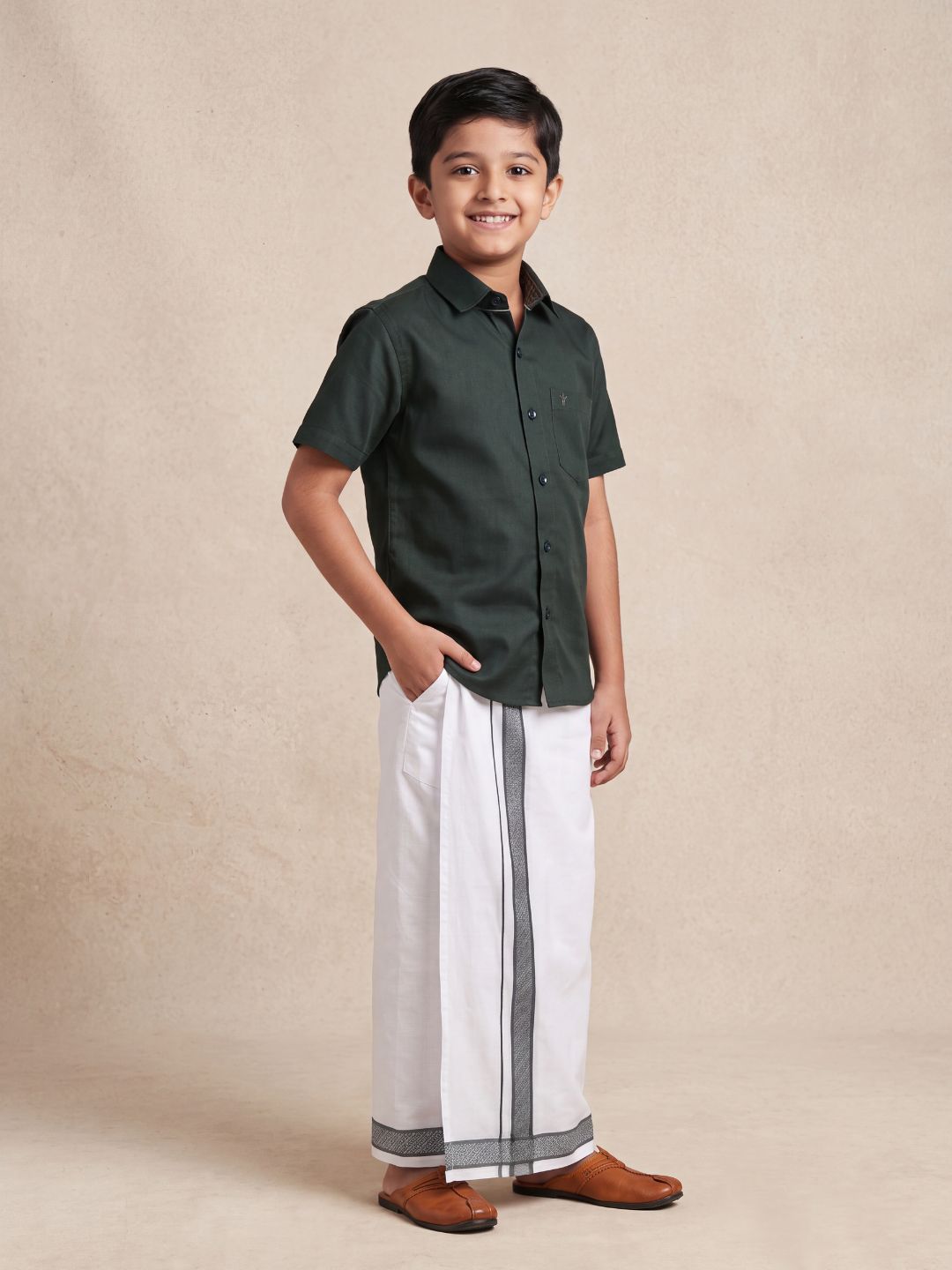 Boys 100% Cotton Dark Green Shirt and Fancy Border Dhoti Set BT10