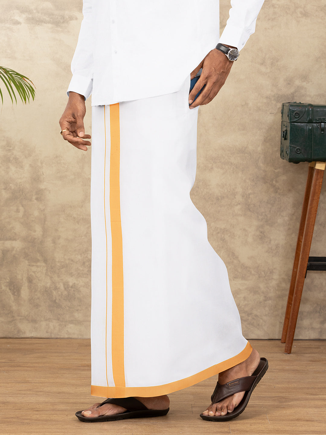 Men Cotton Blend Readymade Single Layer White Dhoti with Big Border GACS11