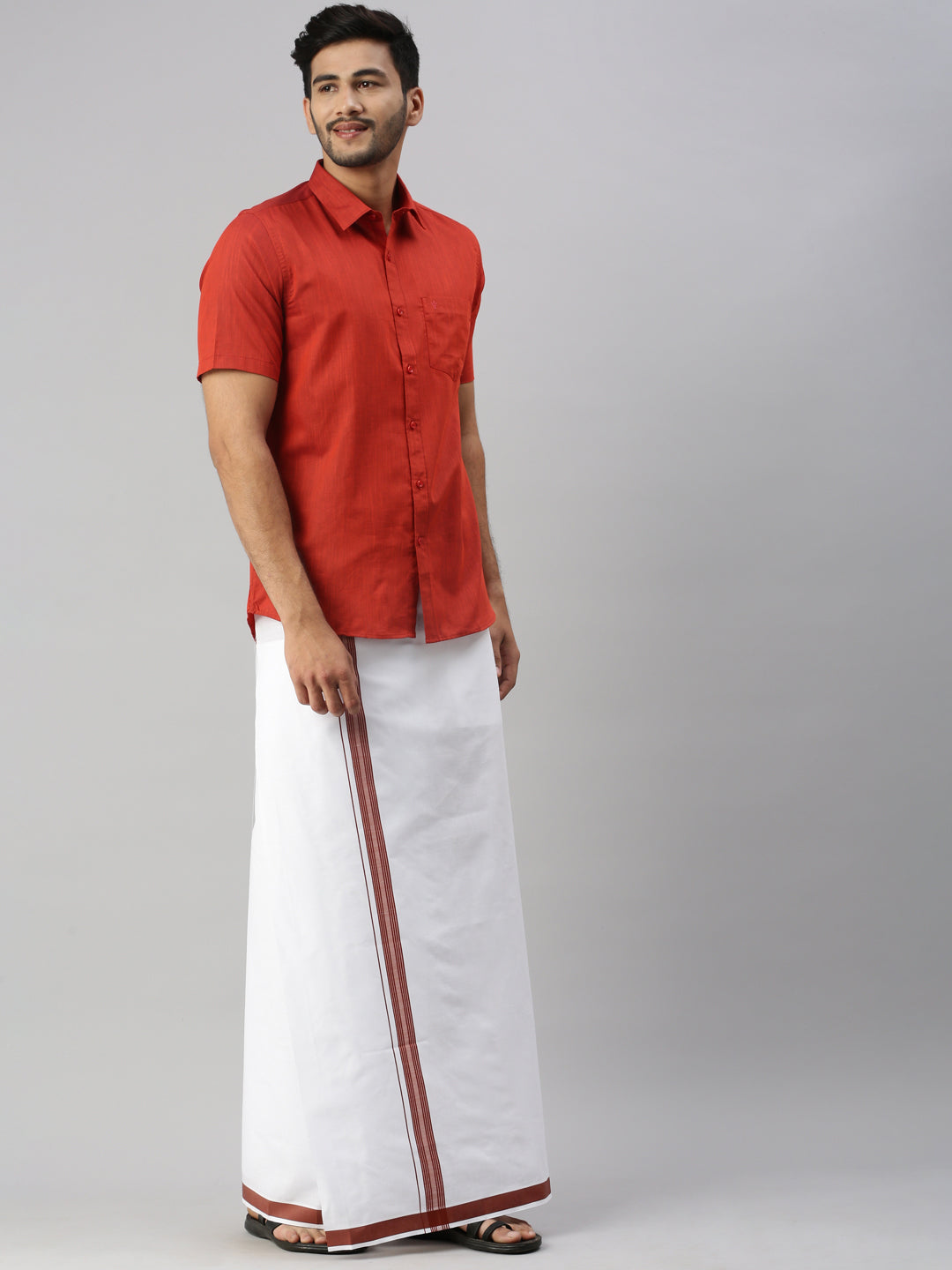 Mens Red Matching Border Dhoti & Half Sleeves Shirt Set Evolution IC5-Side view