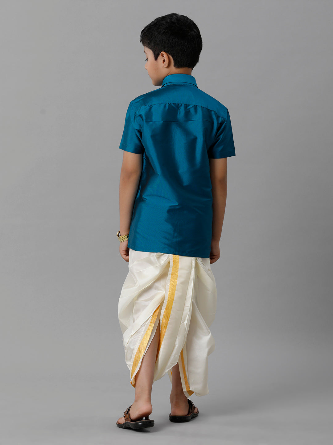 Boys Silk Cotton Ramar Blue Half Sleeves Shirt with Soft Silk Panchakacham Combo K1-Backview
