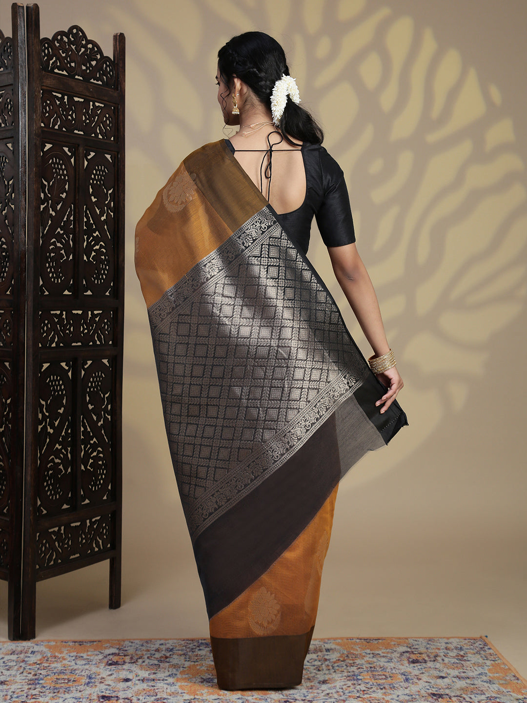 Women Mustard Kora Cotton Saree SK109