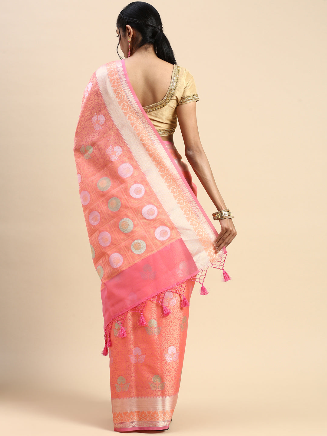 Semi Kora Cotton Allover Design Saree Light Orange & Pink with Zari Border SKCW03-Back view