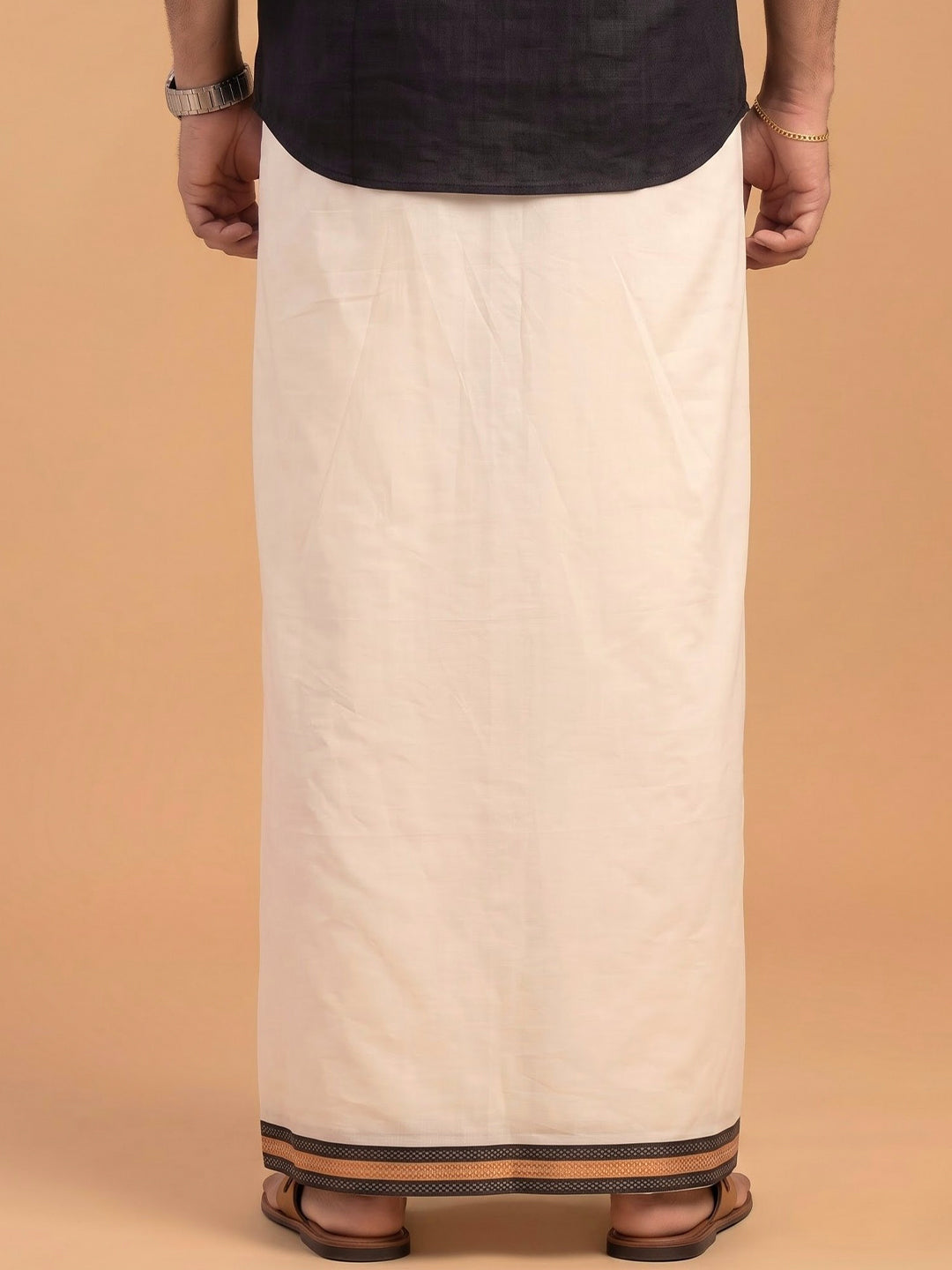 Double Layer 100% Cotton Cream Kora Dhoti with Colour Jari Border - RKF02