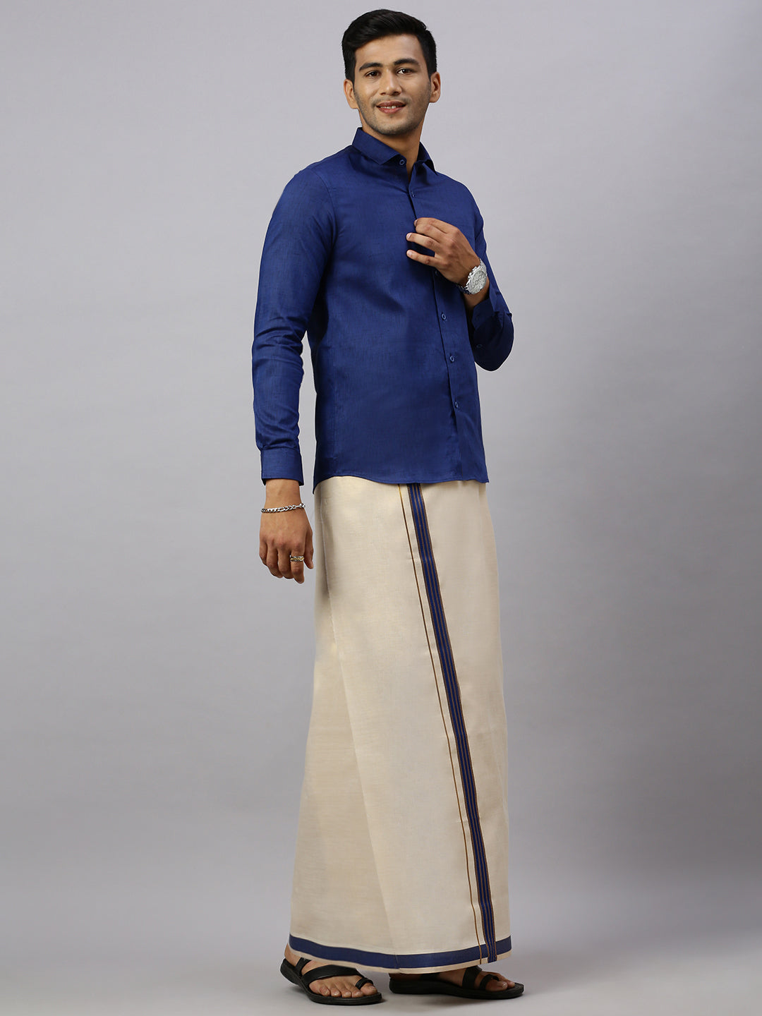 Mens Macho C.Blue Matching Border Dhoti With Full & Half Sleeves Shirt Set CCB