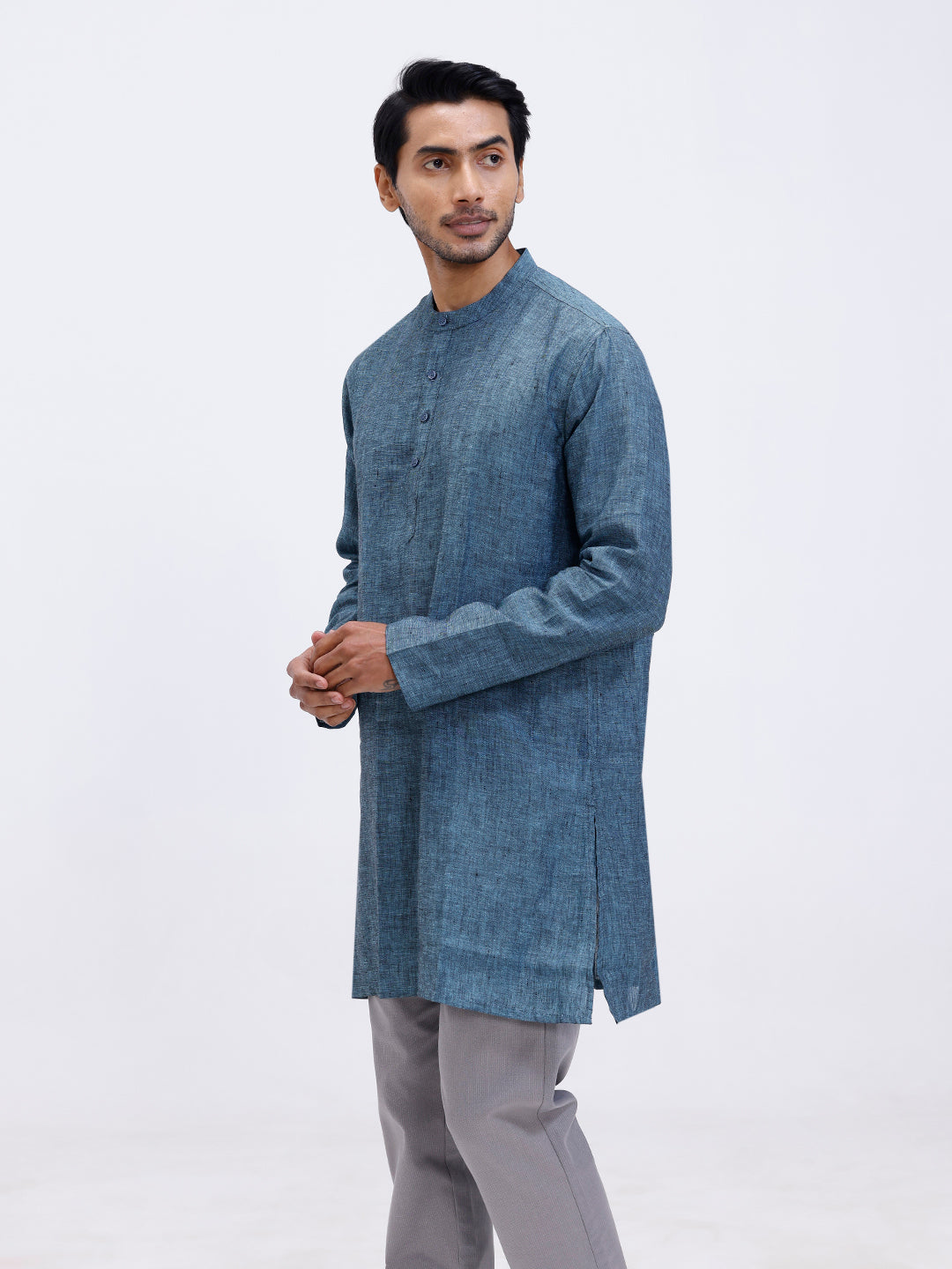 Men Pure Linen Medium Length Plain Pocket Kurta Greenish Blue KAL2