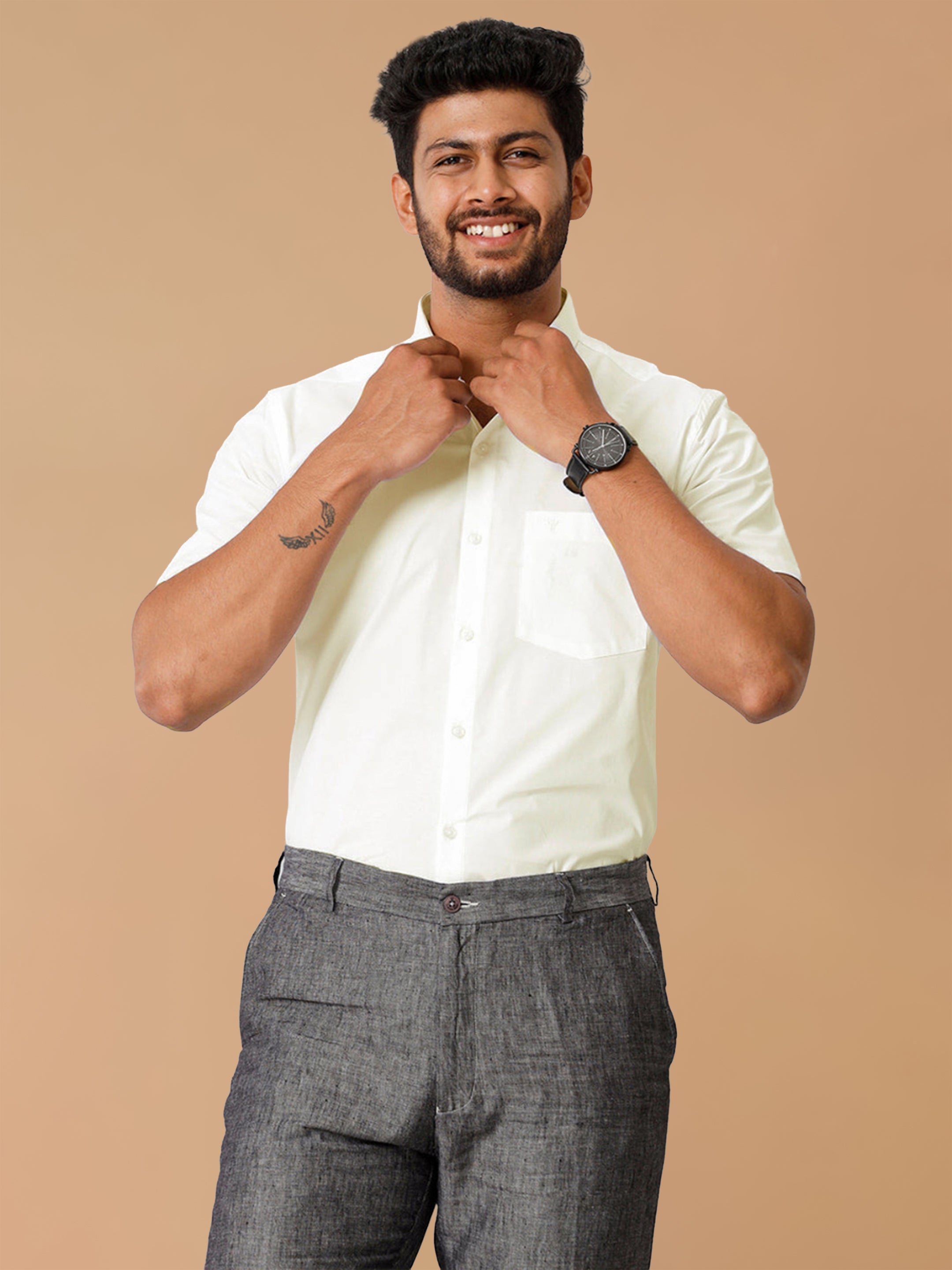 Cotton Spandex Cream 2 Way Stretch Smart Fit Shirt