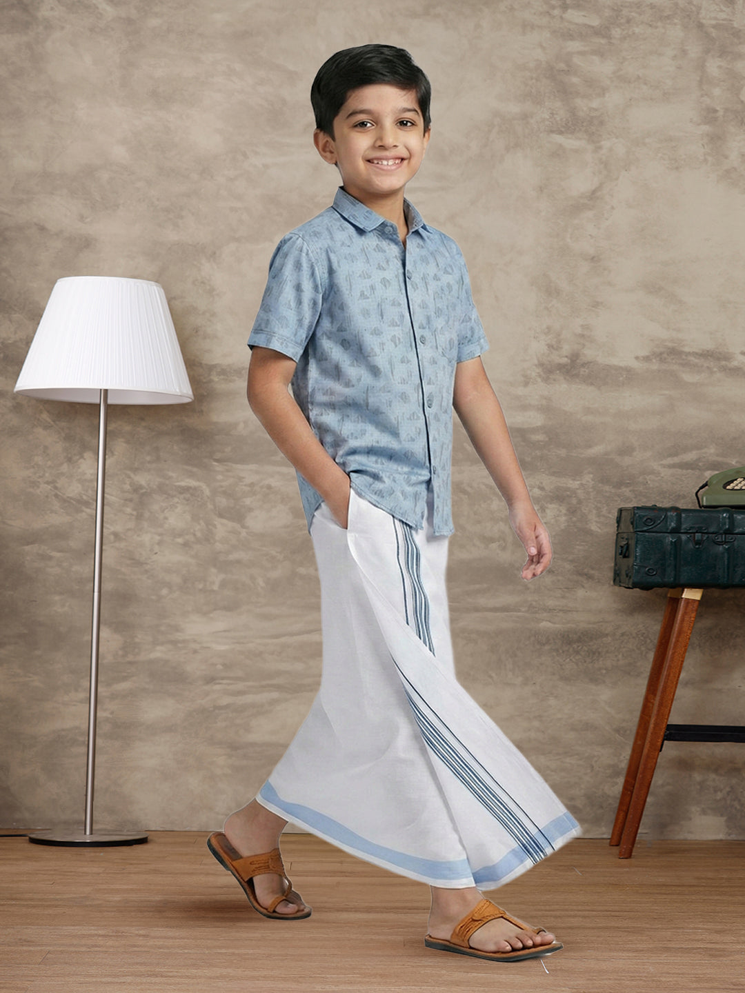 Like Father Like Son Matching Border Dhoti with Printed Shirt Combo Set Light Blue PS23