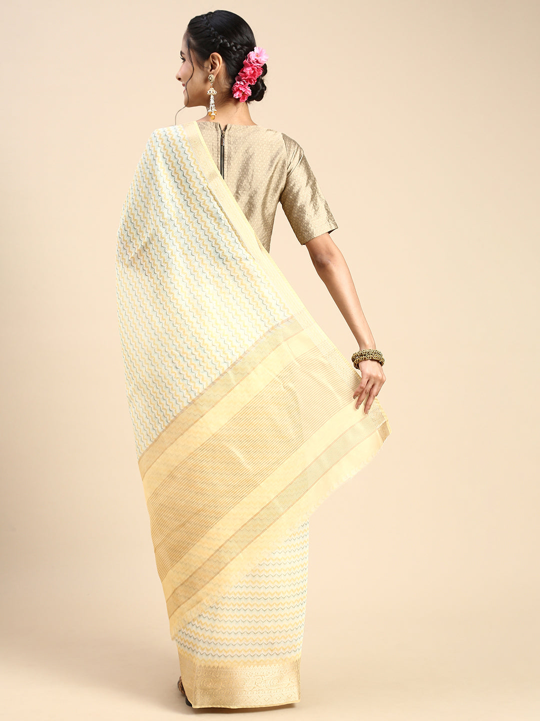 Digital Printed Sandal & Yellow Colour Semi Linen Saree SL85-Back view