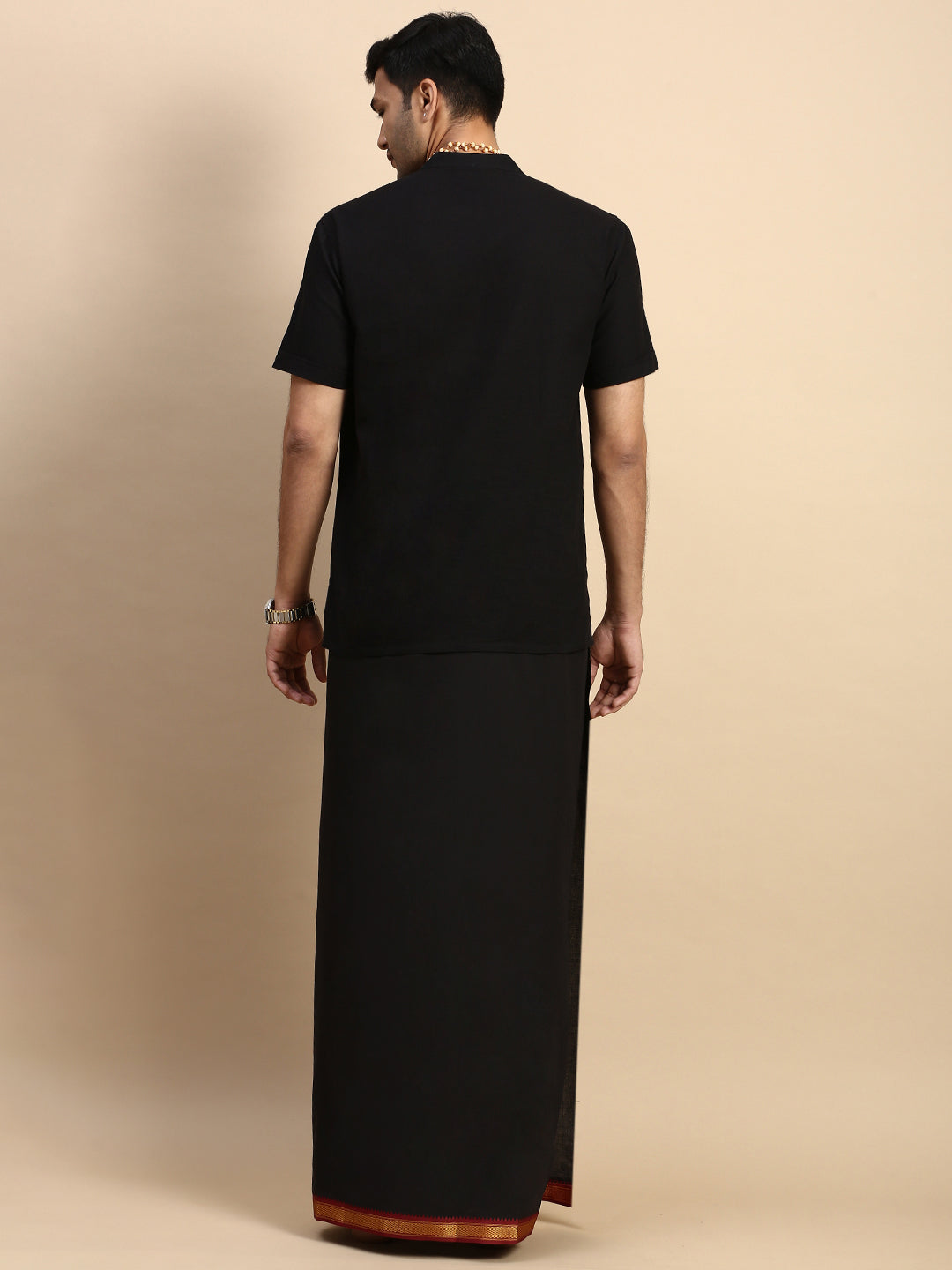 Men Devotional Mayilkhan Border Dhoti & Kurta Set Black PB17