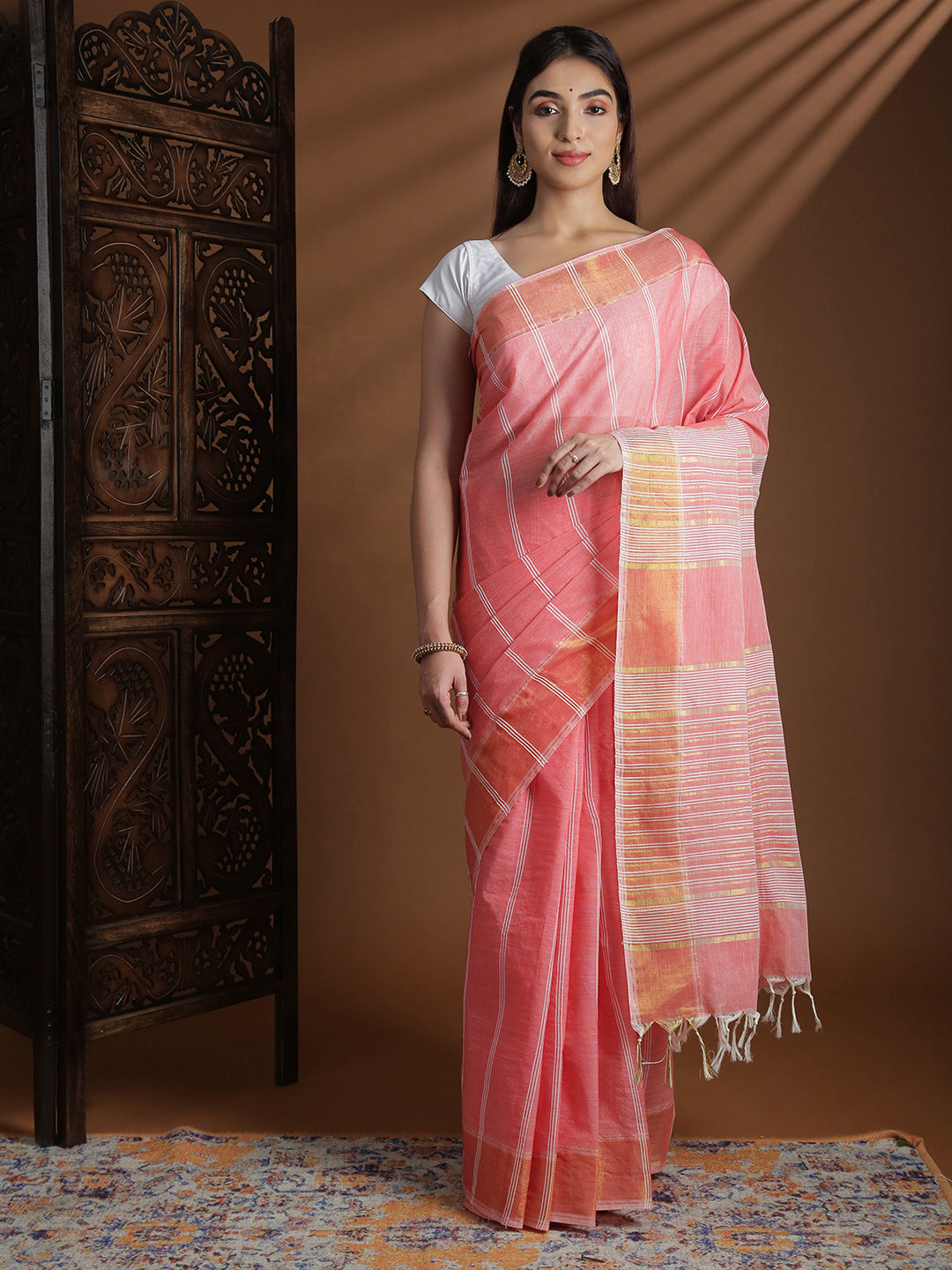 Women Pink Striped Cotton Jute Saree CJ08