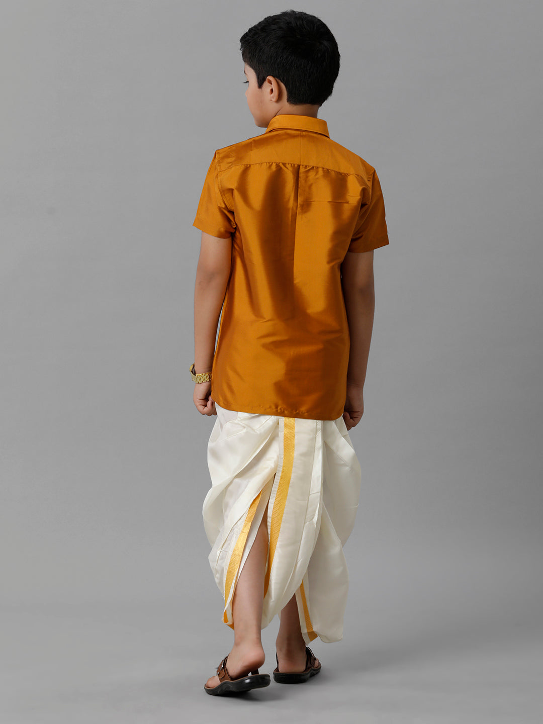 Boys Silk Cotton Mustard Half Sleeves Shirt with Soft Silk Panchakacham Combo K37-Back view