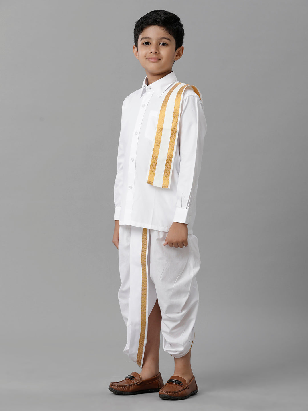 Boys Cotton White Full Sleeves Shirt Panchakacham Towel Combo-Side view