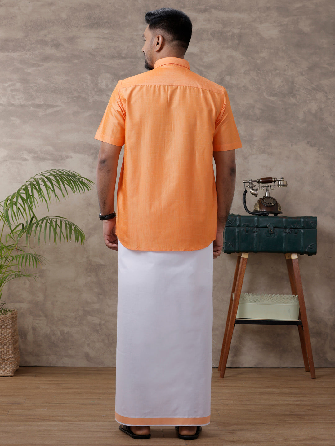 Mens Matching Jari Border Dhoti & Shirt Set Half Orange VB4