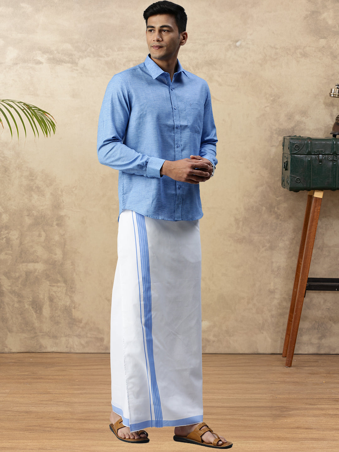 Mens Vetti Vaaram Matching Border Dhoti & Shirt Combo Blue