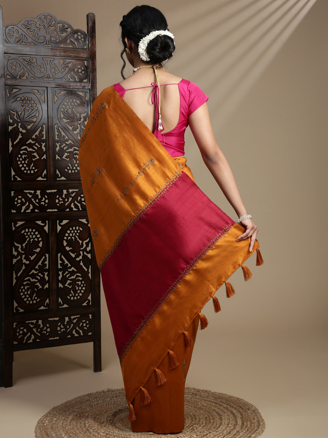 Women Orange Semi Tussar Embroidered Saree ST316