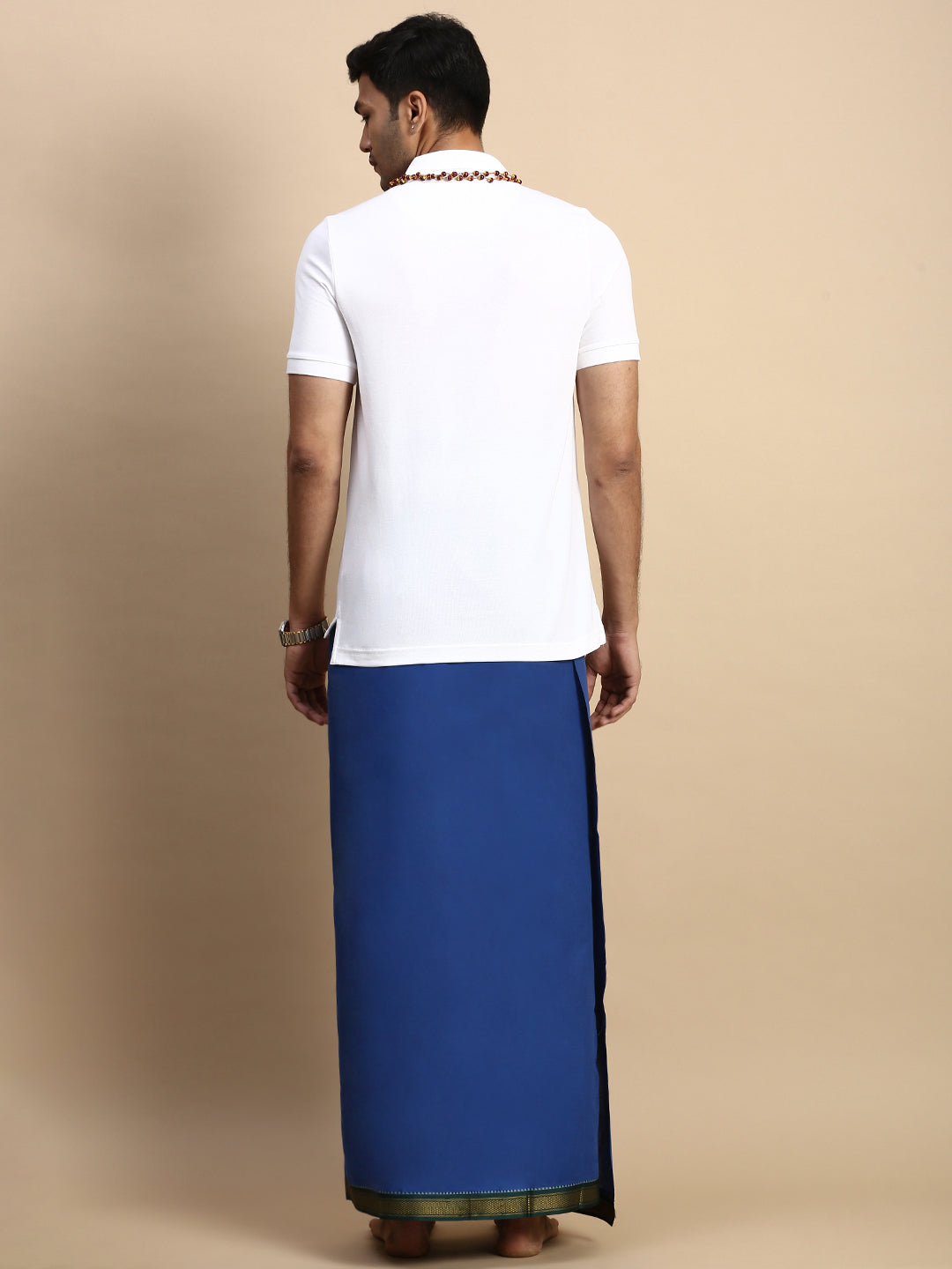 Men Devotional Mayilkhan Border Dhoti & TShirt Set Blue EP1