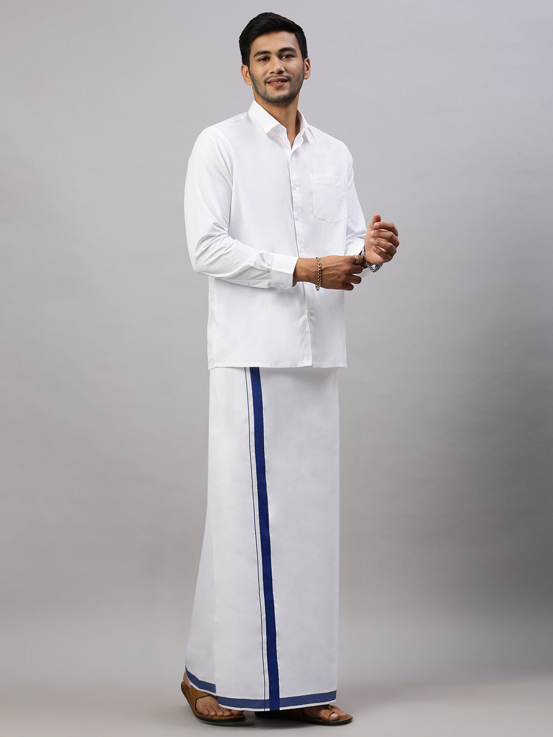 Mens White Shirt with Single Dhoti Blue Combo WS15