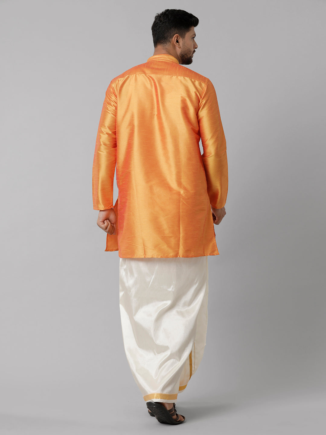 Mens Polyster Orange Medium Length Kurta with Art Silk Jari Dhoti Combo SL03-Back view