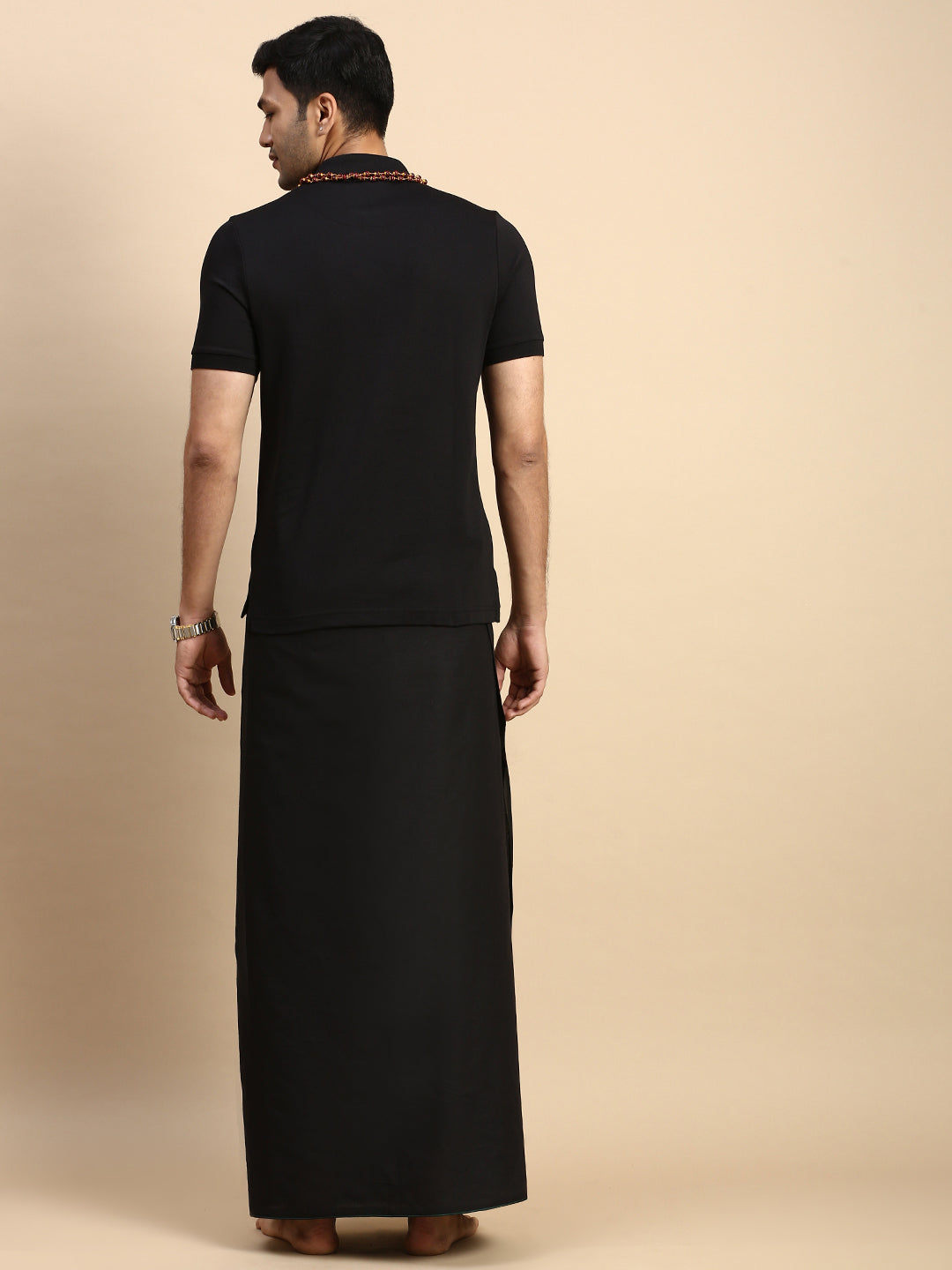 Men Devotional Small Border Dhoti & TShirt Set Black EPD14