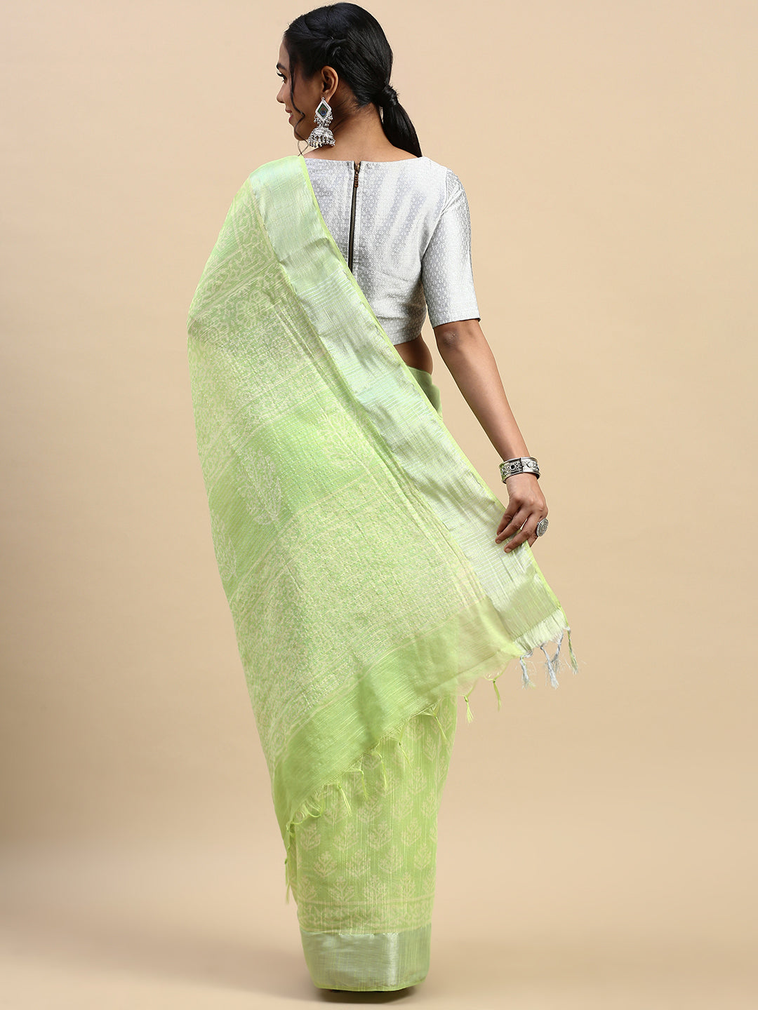 Womens Elegant Green Flower Printed with Silver Jari Pure Cotton Saree PCS64