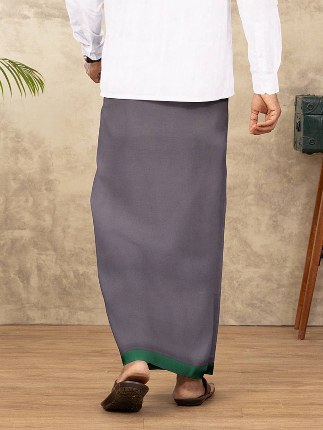 Men 100% Cotton Single Layer Charcoal Dhoti with Assorted Border Ahimsa