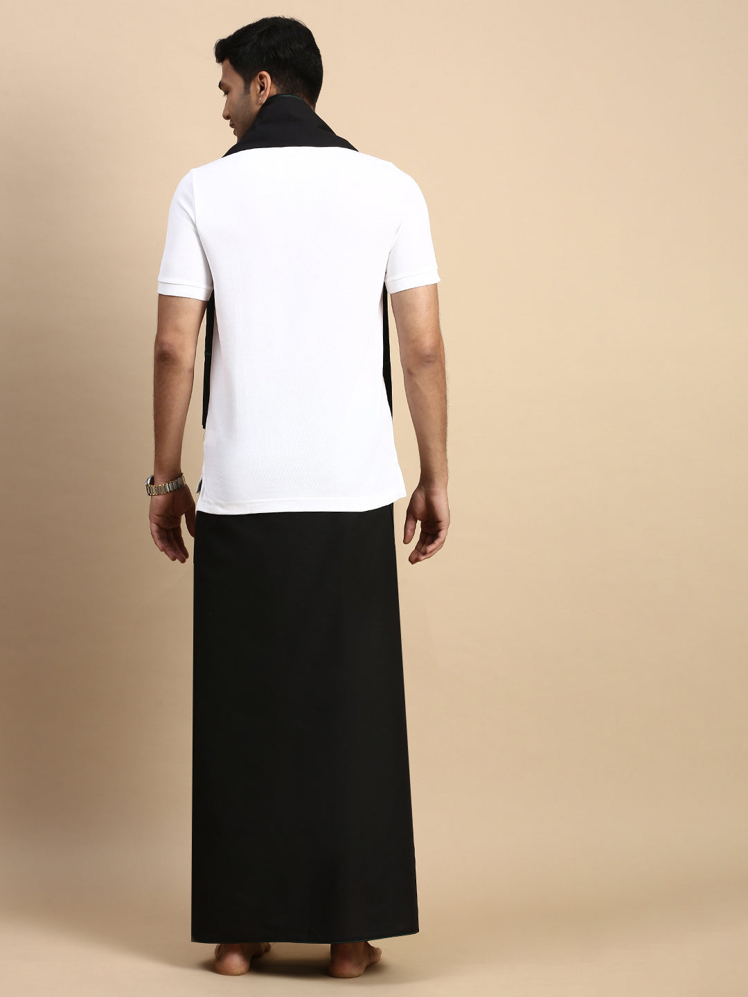 Men Devotional Small Border Dhoti with Towel & TShirt Set Black EP1