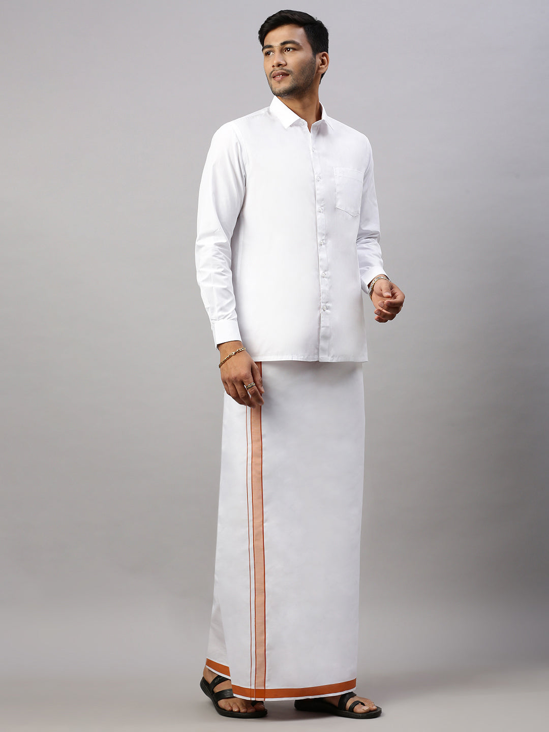 Mens Prestigious Look Cotton Single Dhoti with Orange Fancy Border - Winner Plain
