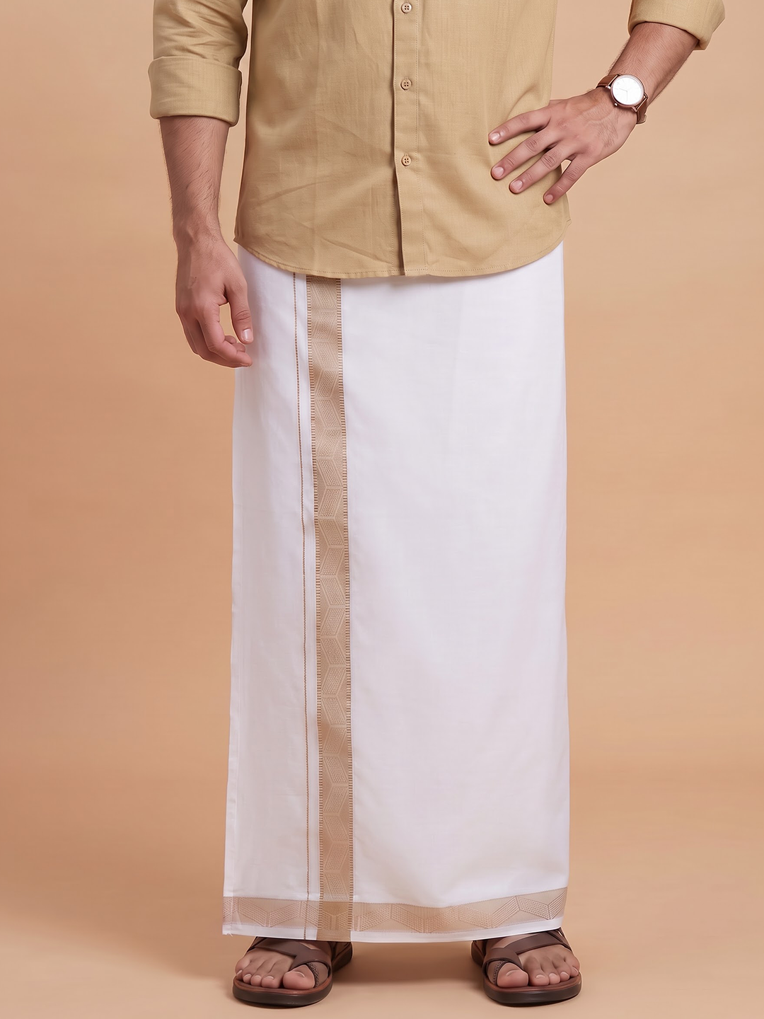 Single Layer Cotton Blend White Dhoti With Beige Jacquard Design Border ELC03