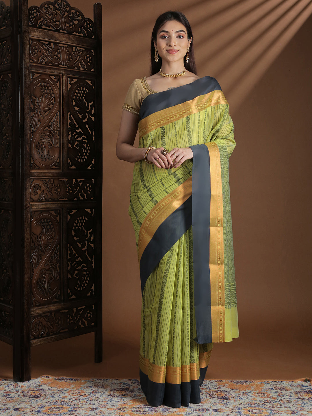 Women Peridot Green Kora Cotton Saree SK133