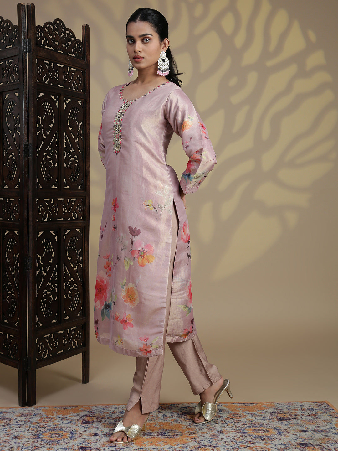 Women Grayish Purple MM Silk Printed Kurti Set EKS102