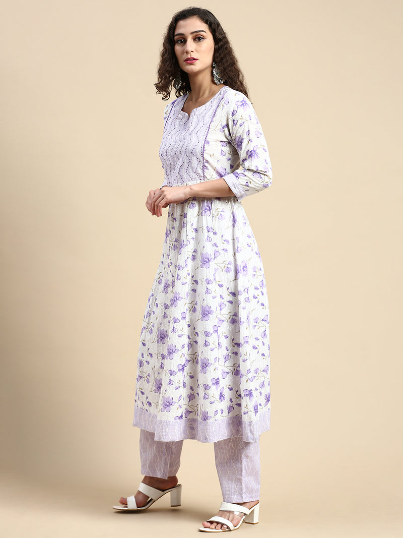 Womens Lavender with White Printed & Embroidered Kurti Set PKS09