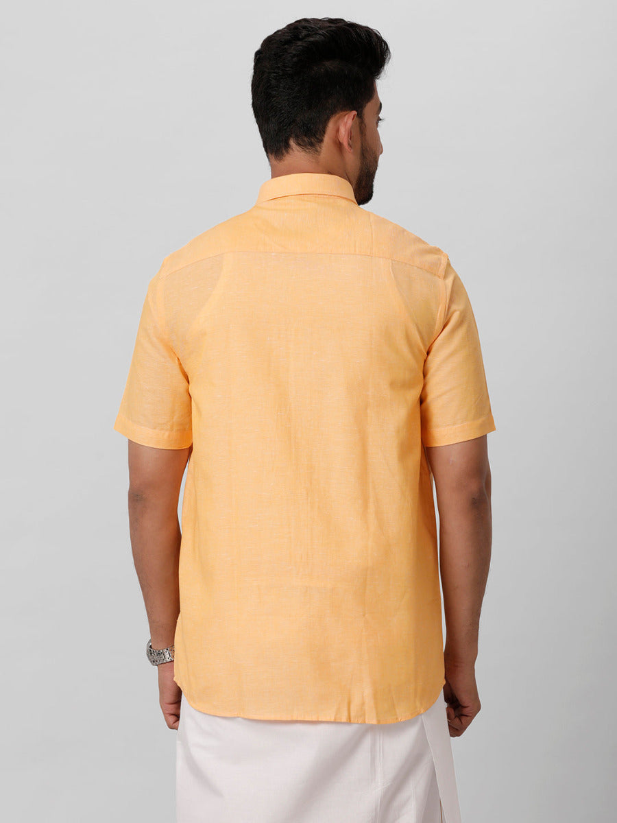 Mens Linen Cotton Formal Orange Half Sleeves Shirt LF8-Back view